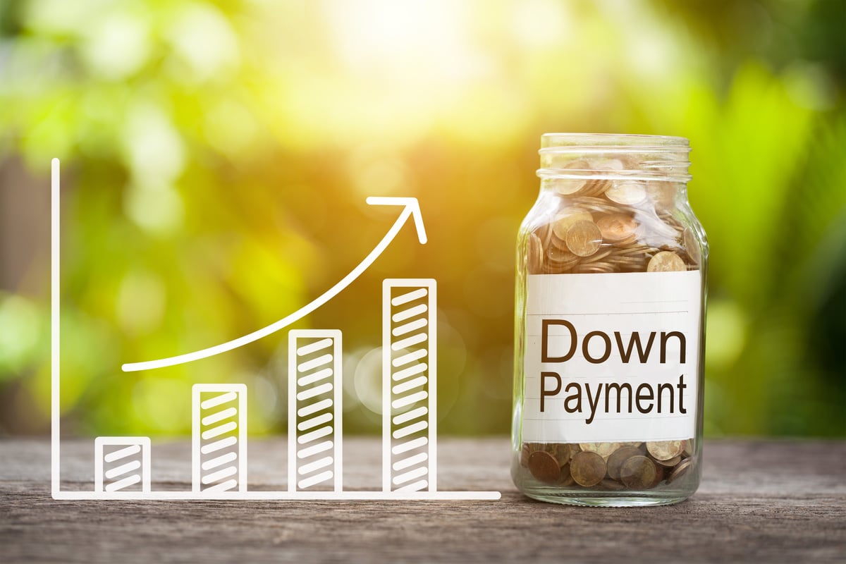 Down Payment Word With Coin In Glass Jar and graph up. Financial Concept.